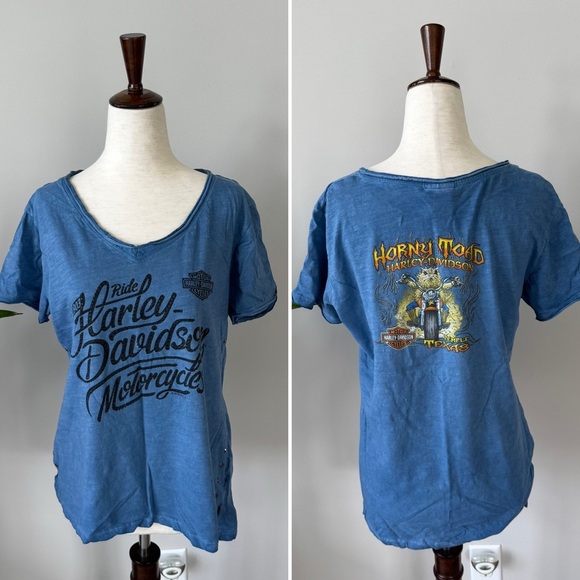 Harley-Davidson V-Neck Rock Stud Detail Blue Graphic Tee - Picture 1 of 8